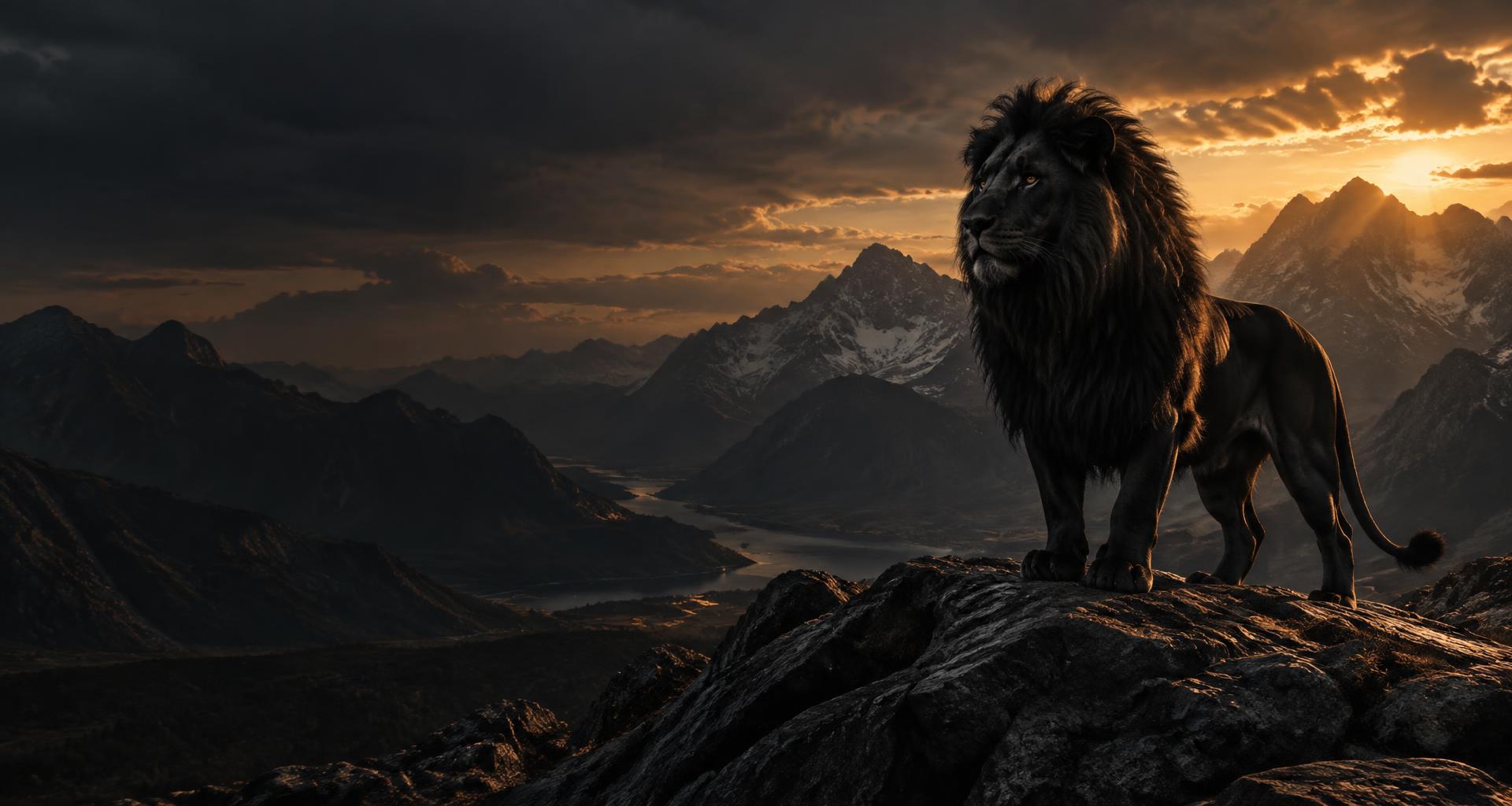 A black lion standing proudly on a rocky mountain ledge, outlined by copper sunset light.